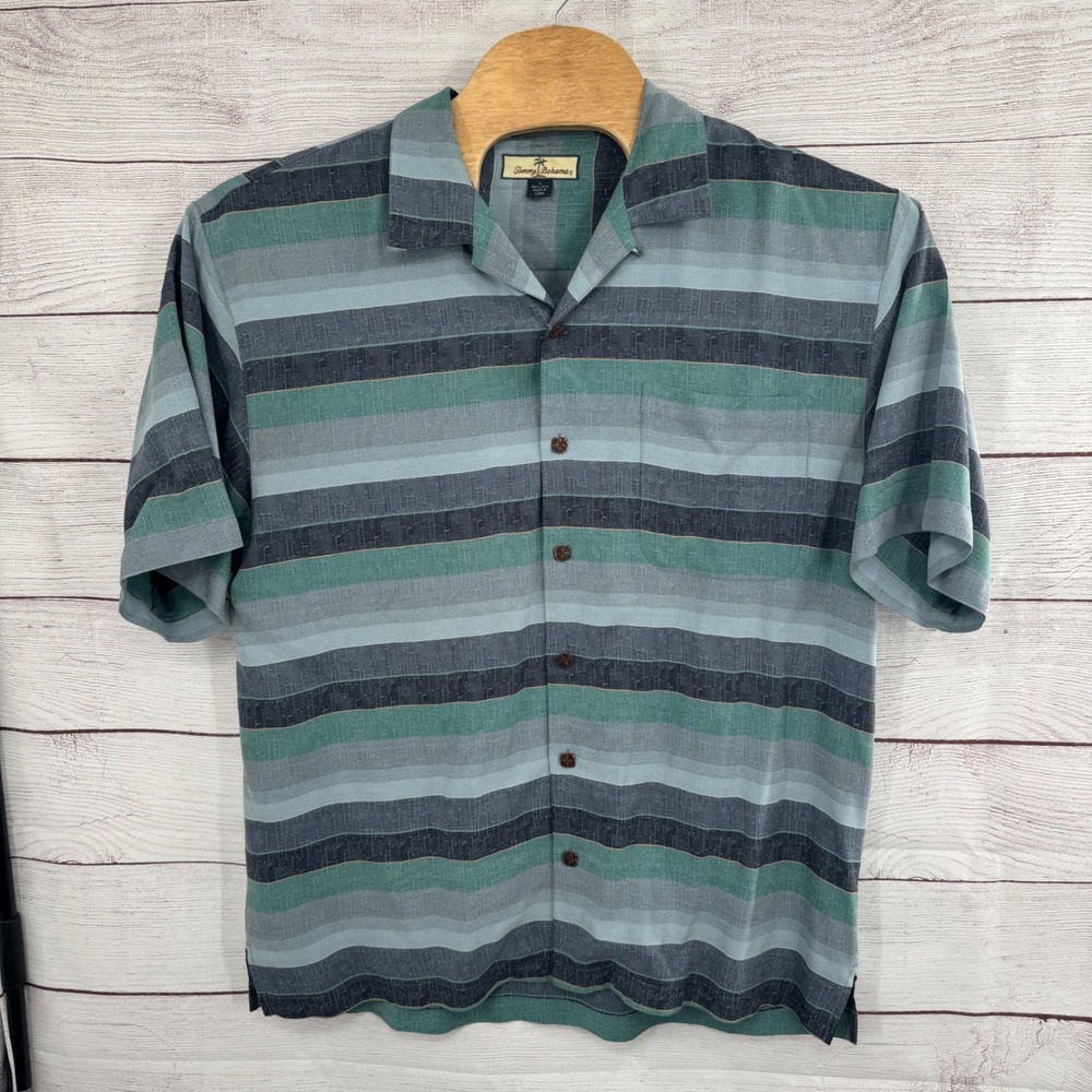 Tommy Bahama Silk Camp Shirt Large  Striped Button Up Short Sleeve‎ Hawaiian
